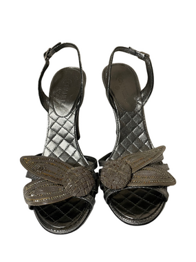 CHANEL Silver Quilted Slingback Heels with Beaded Bow Detail Size 38.5